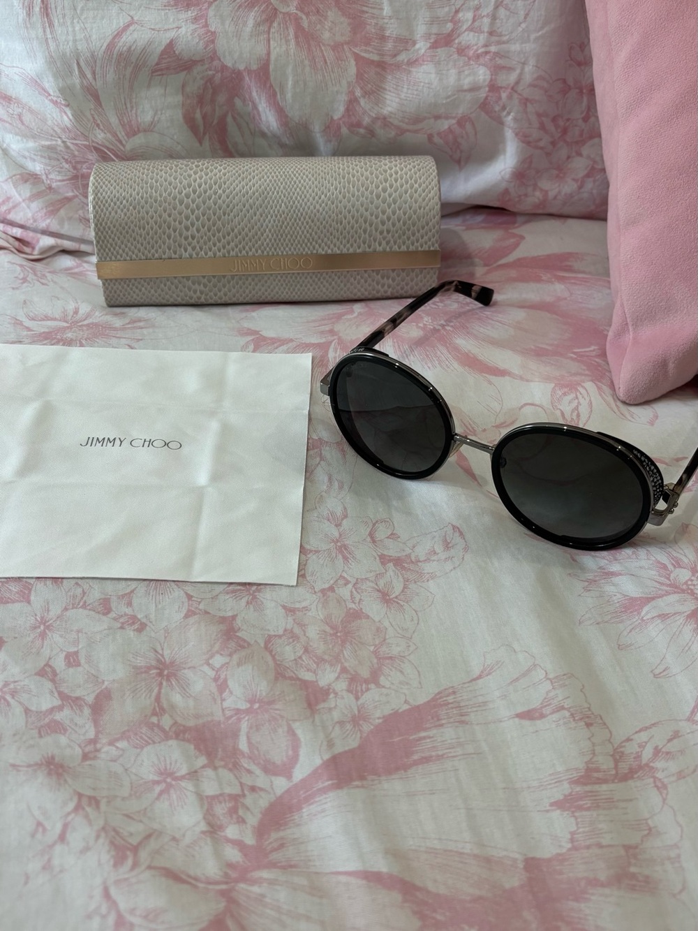 Jimmy Choo Black Round Sunglasses with Silver Trim and Beige Case